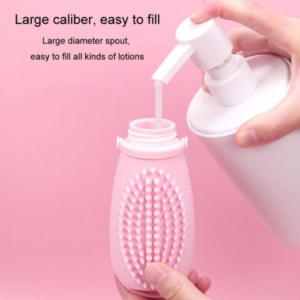 100ml 2 In1 Travel Dispenser Bottle Silicone Portable Massage Brush Shampoo Lotion Divider Bottle (Light Pink) - Image 7