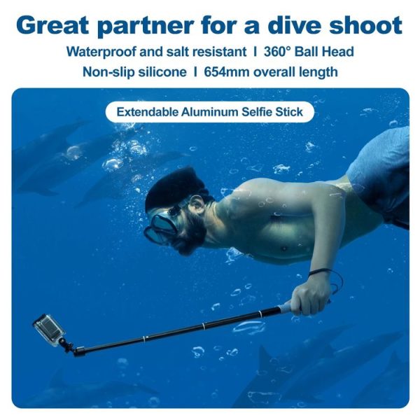 TELESIN WSS-001 65.4cm Aluminum Alloy Waterproof Ball Head Selfie Stick Diving Shooting Sports Camera Extension Stick - Image 3