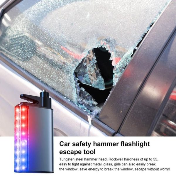 3 In 1 Car Safety Hammer Flashlight Emergency Light With Alarm (Black) - Image 5