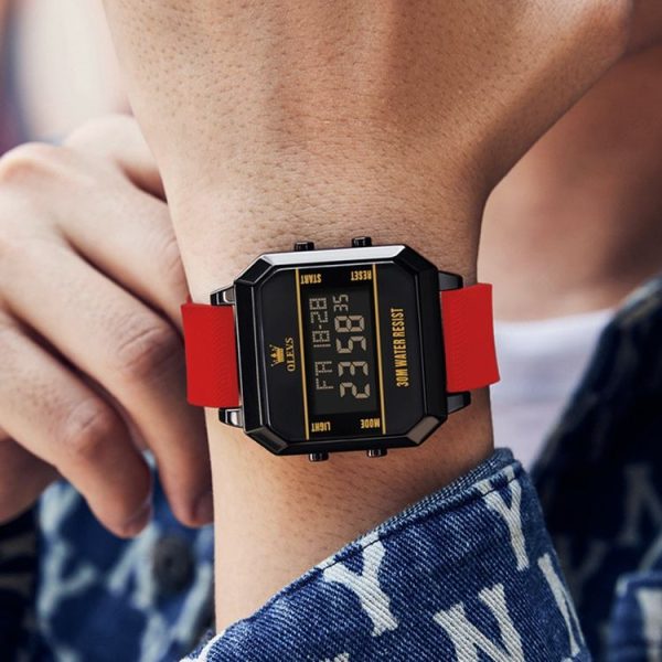 OLEVS 1103 Sports Multi-Function Square Intelligent Electronic Watch Waterproof Men Watch (Red) - Image 2