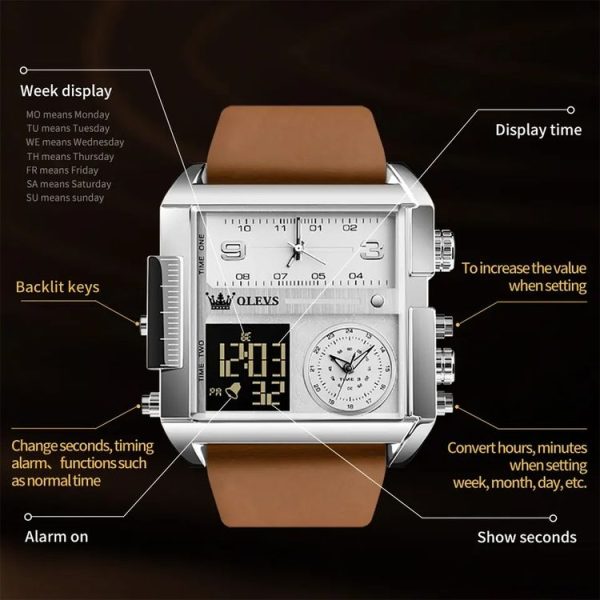 OLEVS 1101 Sports Multi-Function Square Men Quartz Electronic Watch (Brown White) - Image 5