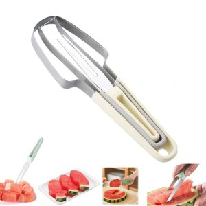 3-in-1 Watermelon Tools Stainless Steel Watermelon Popsicle Cutter Fruit Slicer Peeler Knife Fork (Beige)