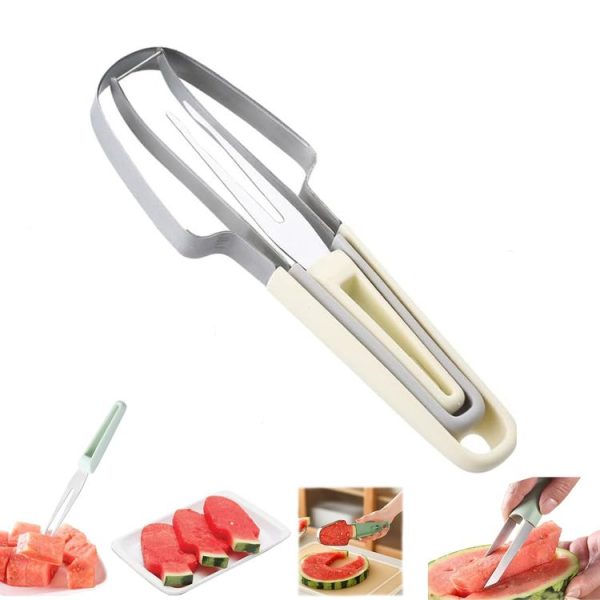 3-in-1 Watermelon Tools Stainless Steel Watermelon Popsicle Cutter Fruit Slicer Peeler Knife Fork (Beige)