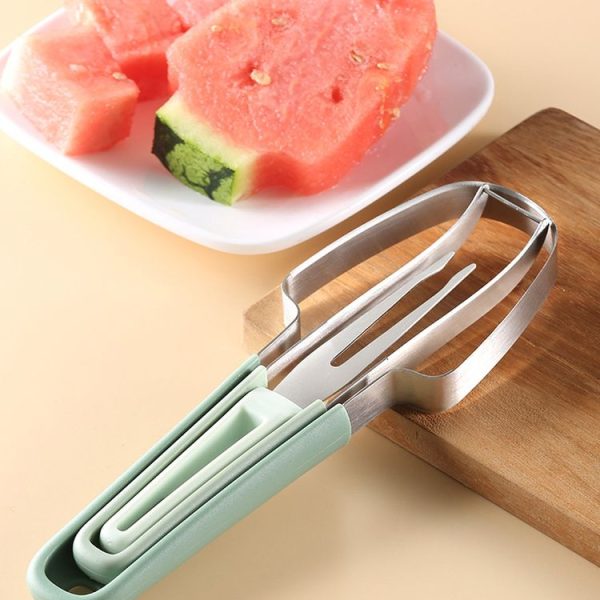 3-in-1 Watermelon Tools Stainless Steel Watermelon Popsicle Cutter Fruit Slicer Peeler Knife Fork (Beige) - Image 2