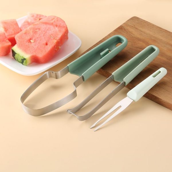 3-in-1 Watermelon Tools Stainless Steel Watermelon Popsicle Cutter Fruit Slicer Peeler Knife Fork (Beige) - Image 3