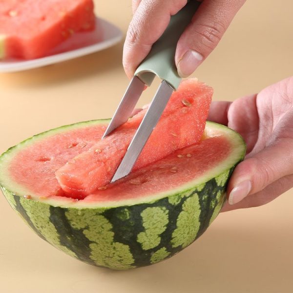 3-in-1 Watermelon Tools Stainless Steel Watermelon Popsicle Cutter Fruit Slicer Peeler Knife Fork (Beige) - Image 4