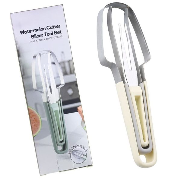 3-in-1 Watermelon Tools Stainless Steel Watermelon Popsicle Cutter Fruit Slicer Peeler Knife Fork (Beige) - Image 9