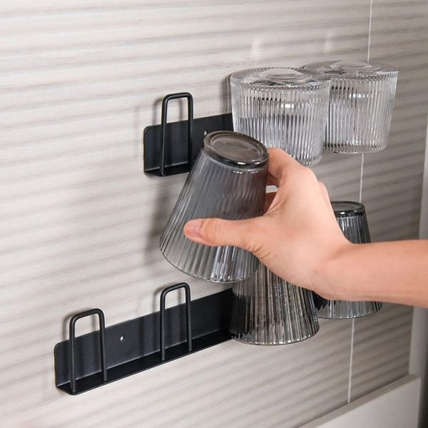 Household Glass Cup Holder Inverted Cup Hanger Bar Free Hole Wall Mounted Drainage Mug Shelf, Color: 3 Position (Black) - Image 2