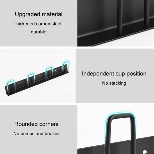 Household Glass Cup Holder Inverted Cup Hanger Bar Free Hole Wall Mounted Drainage Mug Shelf, Color: 3 Position (Black) - Image 4