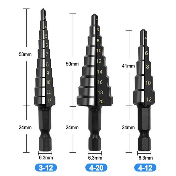 3pcs / Set Hexagonal Shank Nitrided Straight Fluted Step Drill HSS Pagoda Drill Hole Opener - Image 3