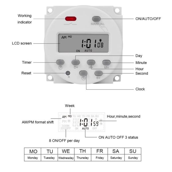 SINOTIMER CN101S-110V 1 Second Interval Digital LCD Timer Switch 7 Days Weekly Programmable Time Relay - Image 5