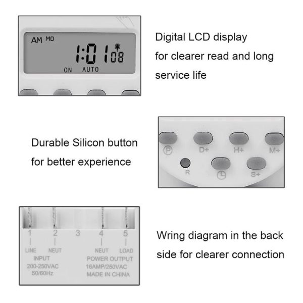 SINOTIMER CN101S-110V 1 Second Interval Digital LCD Timer Switch 7 Days Weekly Programmable Time Relay - Image 6