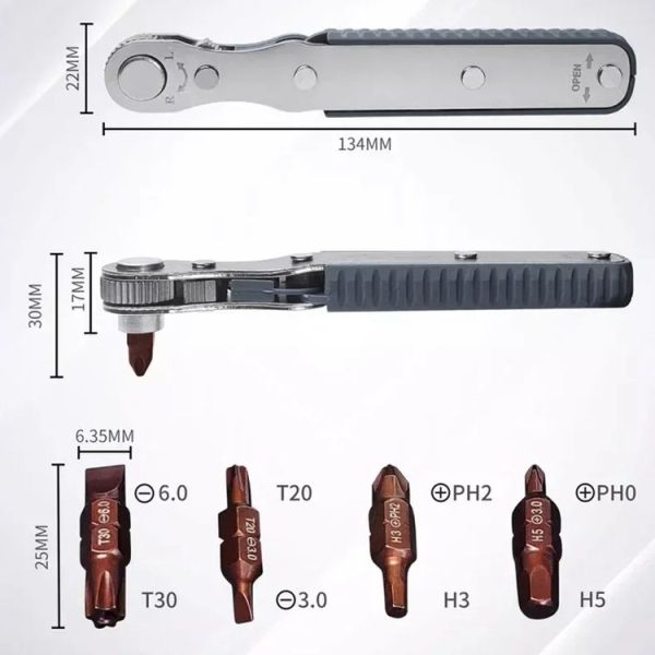 36-Tooth Bi-Directional Ratcheting Screwdriver Set With 4 Double-Ended Bits (Gray) - Image 3