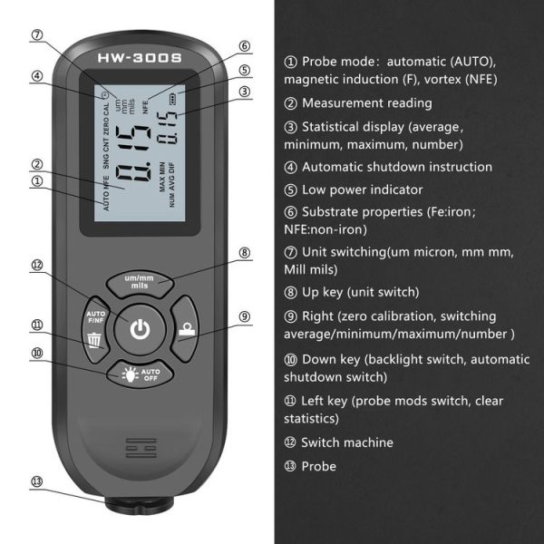 HW-300S High Precision Coating Thickness Gauge Anti-skid Paint Film Gauge (Orange Horizontal Screen) - Image 3