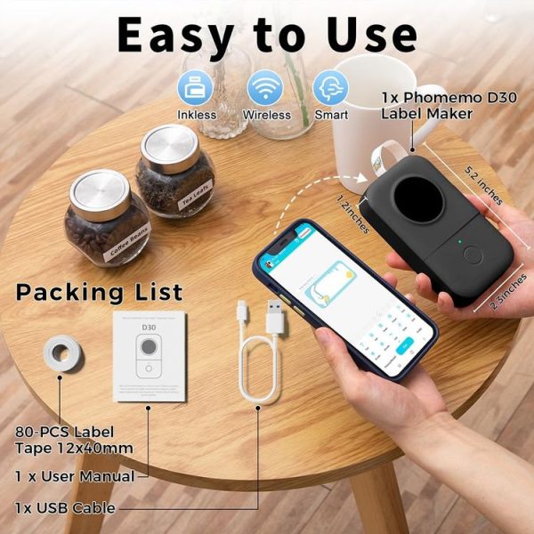 Phomemo D30 Thermal Label Printer Portable Bluetooth Mini Label Maker Machine With 1 Roll Paper White - Image 7