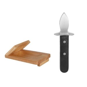 Stainless Steel Opening Oyster Scallop Tool Kitchen Shell Pryer Knife+Wooden Stand