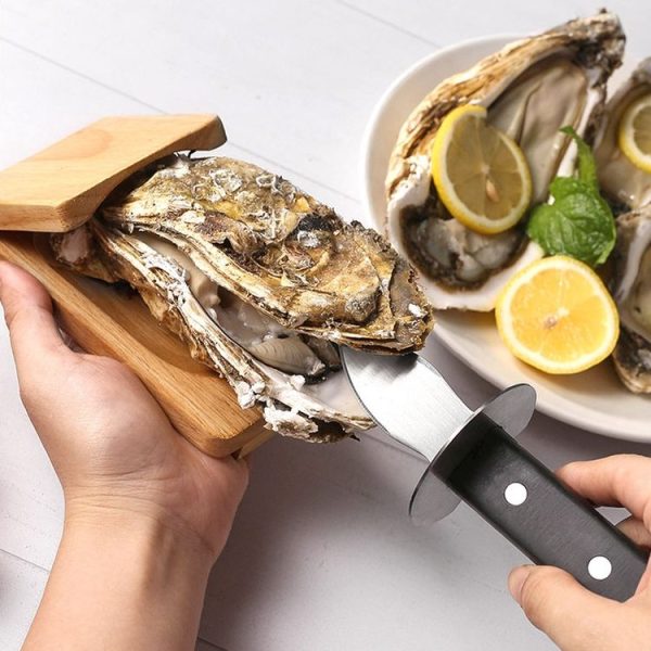 Stainless Steel Opening Oyster Scallop Tool Kitchen Shell Pryer Knife+Wooden Stand - Image 2