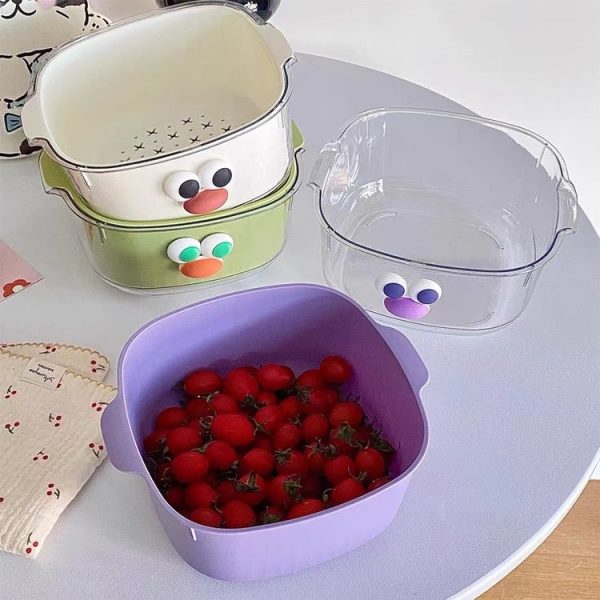Household Dual Layer Thickened Cartoon Draining Basket Multifunctional Kitchen Dishwashing Hamper, Style: Small Purple - Image 2