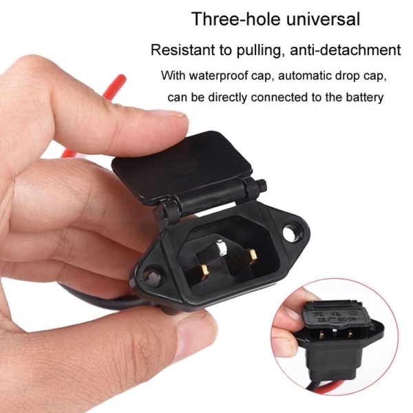 2pcs Electric Motorcycle Charging Port Three Hole Socket Charger Socket With Cover (Black) - Image 3