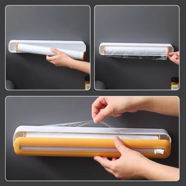 Cling Film Cutter Adjustable Storage Cutting Box, Color: Yellow White - Image 6