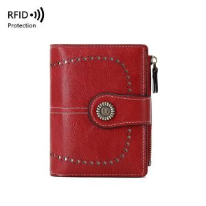 RFID Anti-theft Brush Women Wallet Multi Card Position Buckle Wallet Short Zipper Purse (Wine Red)