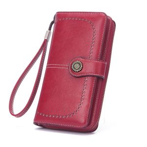 Women Zipper Long Money Clip Capacity Clutch Bag (Wine Red)