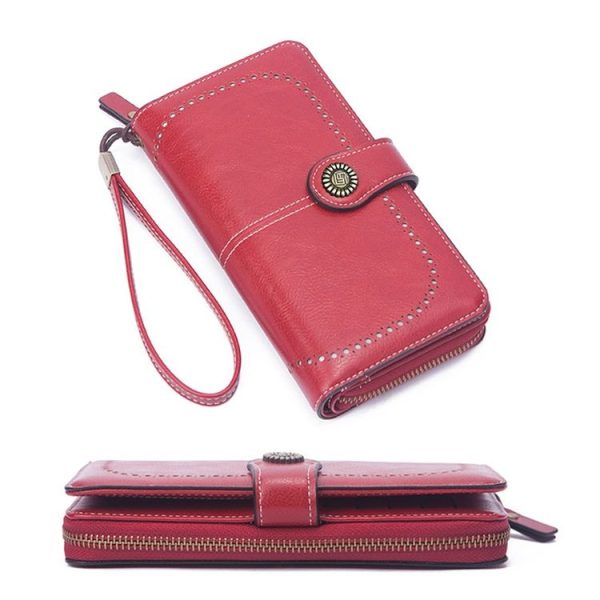 Women Zipper Long Money Clip Capacity Clutch Bag (Wine Red) - Image 4