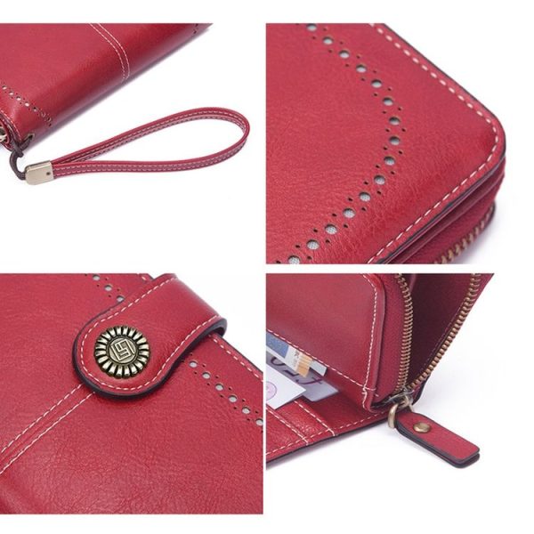 Women Zipper Long Money Clip Capacity Clutch Bag (Wine Red) - Image 5