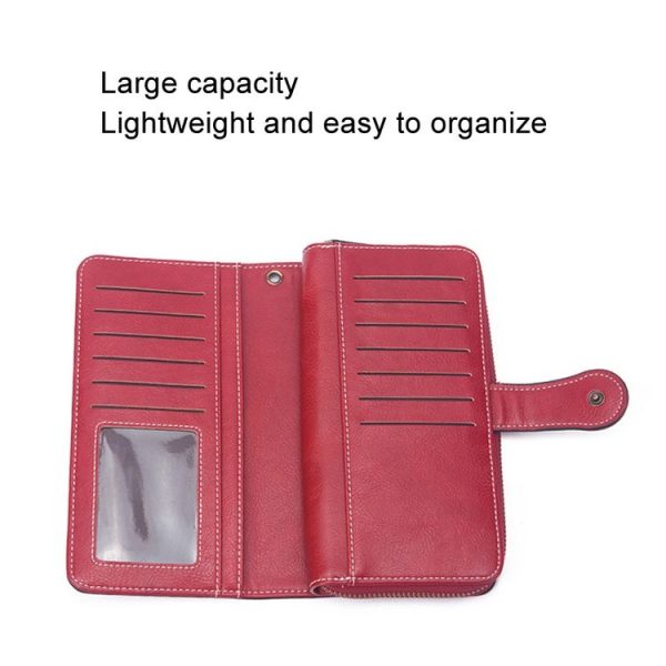 Women Zipper Long Money Clip Capacity Clutch Bag (Wine Red) - Image 6