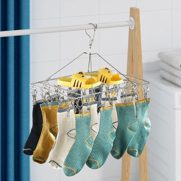 Square Socks Drying Hanger Stainless Steel Multifunctional Windproof Drying Rack, Style: 24x30cm 20 Clips - Image 2