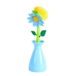 Flower Shaped Long Handle Pot Brush Kitchen Dishes Brush Sink Stove Cleaning Tool (Blue)