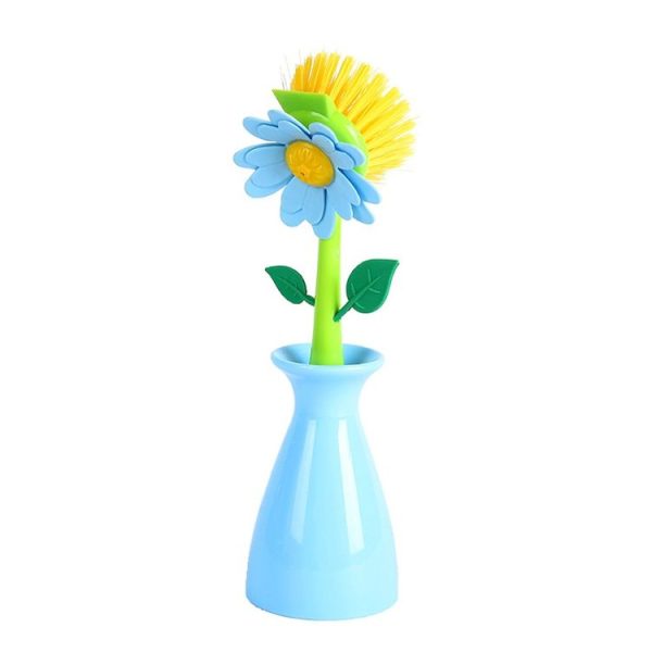 Flower Shaped Long Handle Pot Brush Kitchen Dishes Brush Sink Stove Cleaning Tool (Blue)