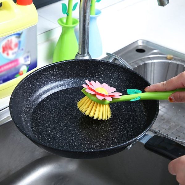 Flower Shaped Long Handle Pot Brush Kitchen Dishes Brush Sink Stove Cleaning Tool (Blue) - Image 10