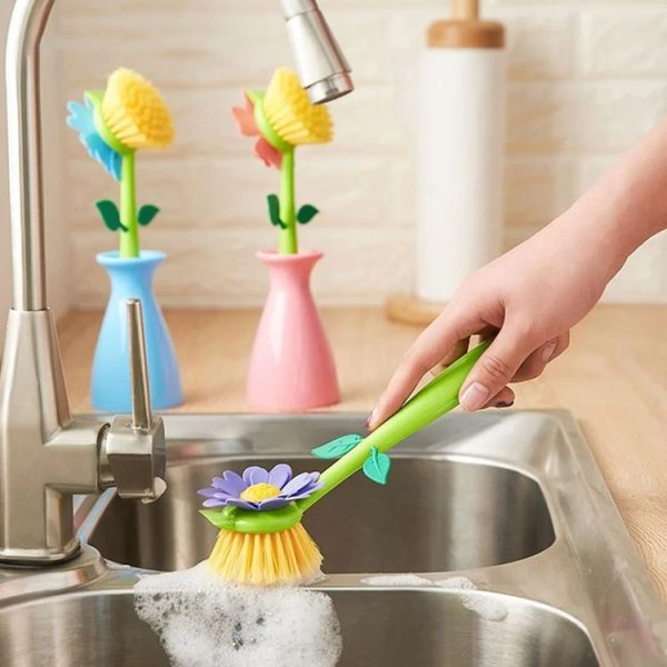 Flower Shaped Long Handle Pot Brush Kitchen Dishes Brush Sink Stove Cleaning Tool (Blue) - Image 11