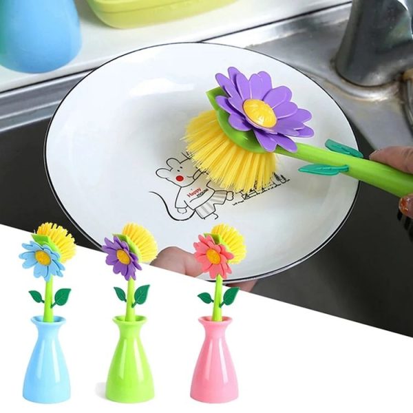Flower Shaped Long Handle Pot Brush Kitchen Dishes Brush Sink Stove Cleaning Tool (Blue) - Image 2