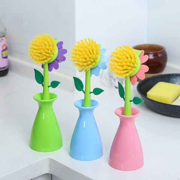 Flower Shaped Long Handle Pot Brush Kitchen Dishes Brush Sink Stove Cleaning Tool (Blue) - Image 3