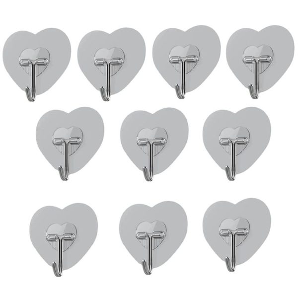 10pcs Transparent Self Adhesive Heart-shaped Hooks Door Wall Multi-Function Key Storage Hanger