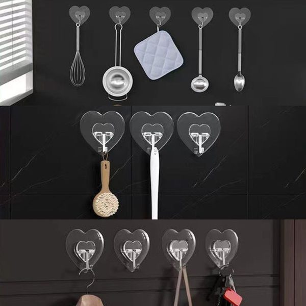 10pcs Transparent Self Adhesive Heart-shaped Hooks Door Wall Multi-Function Key Storage Hanger - Image 8