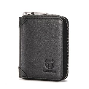 BULL CAPTAIN 475 RFID Anti-Theft Zipper Top-Layer Cowhide Multi-Card Slot Card Holder Wallet (Black)