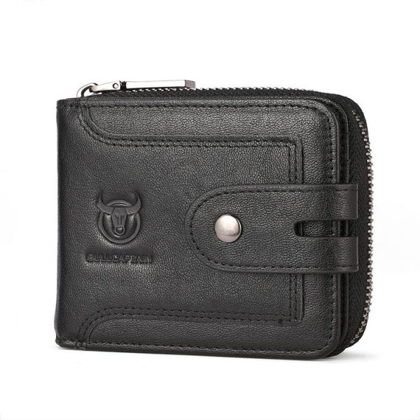 BULL CAPTAIN 232 RFID Anti-Theft Cowhide Men Zipper Wallet Vintage Business Card Holder (Black)