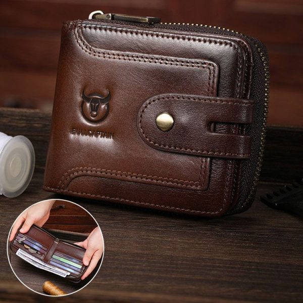 BULL CAPTAIN 232 RFID Anti-Theft Cowhide Men Zipper Wallet Vintage Business Card Holder (Black) - Image 10