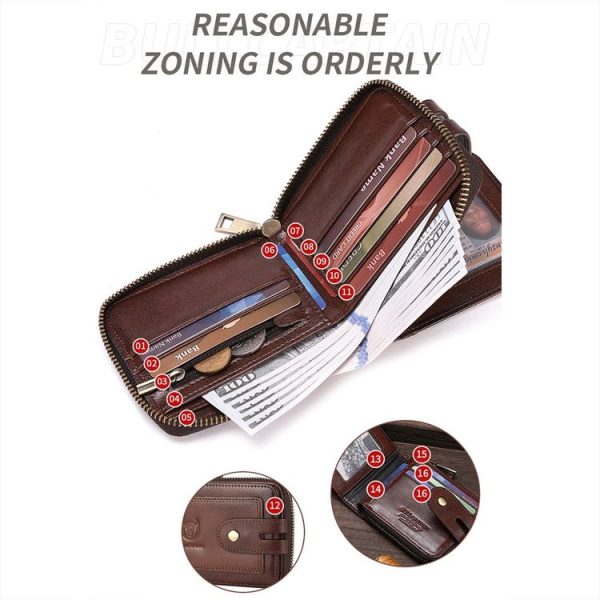 BULL CAPTAIN 232 RFID Anti-Theft Cowhide Men Zipper Wallet Vintage Business Card Holder (Black) - Image 4