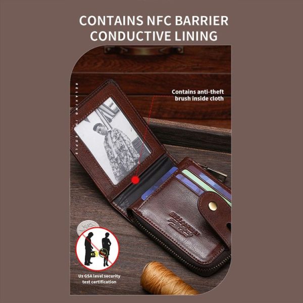 BULL CAPTAIN 232 RFID Anti-Theft Cowhide Men Zipper Wallet Vintage Business Card Holder (Black) - Image 7