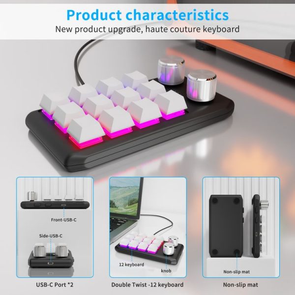 12 Keys Wired With RGB Lights Customized Office Keyboard Shortcut Keys Computer Audio Volume Control (White) - Image 6