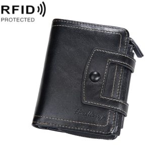 Baellerry D5112 RFID Anti-Theft Multi-Card Slot Buckle Tri-fold Zipper Short Wallet Coin Purse (Black)