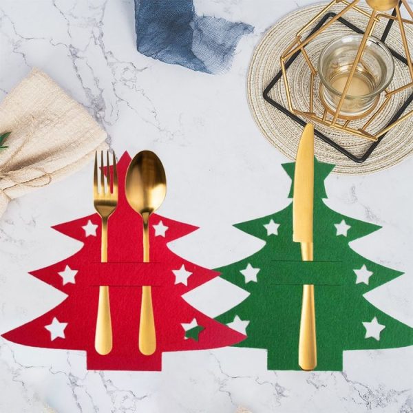 6pcs / Pack Christmas Decorations Christmas Tree Shape Knife and Fork Sleeve Tableware Bag (Red) - Image 3