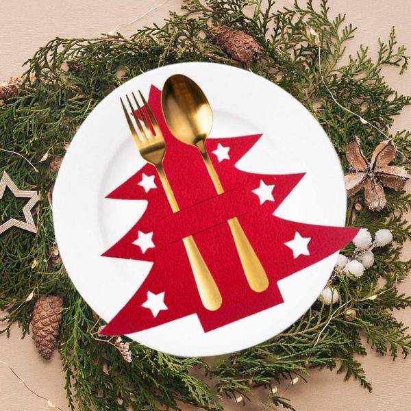 6pcs / Pack Christmas Decorations Christmas Tree Shape Knife and Fork Sleeve Tableware Bag (Red) - Image 4