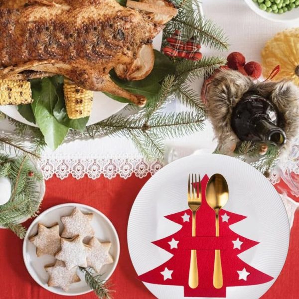 6pcs / Pack Christmas Decorations Christmas Tree Shape Knife and Fork Sleeve Tableware Bag (Red) - Image 6