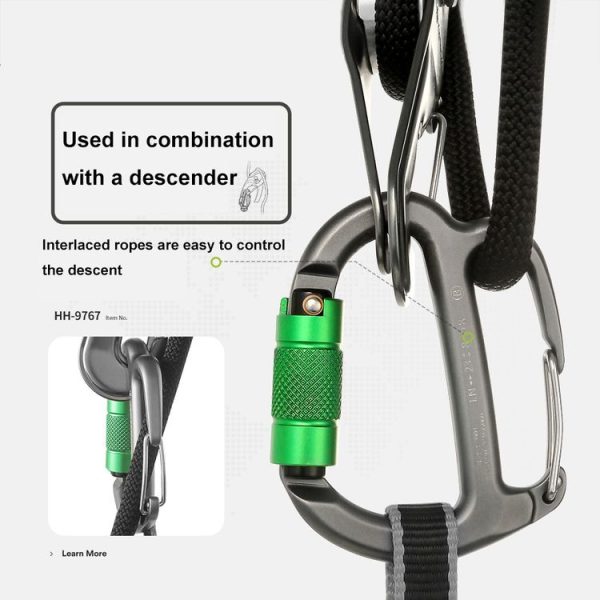 XINDA HH-9767 H-type Climbing Rappelling Friction Lock Descenders Safety Buckle Lock (Gray+Green Nut) - Image 5