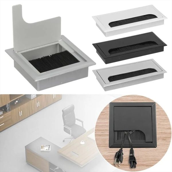 ABS Table Rectangle Wire Hole Cover Outlet Port With Brush PC Desk Cable Organizer, Size: 80x80mm Black - Image 3
